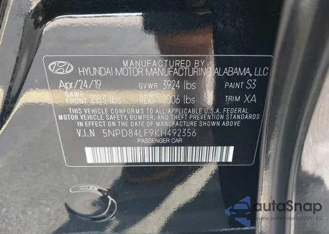 2019 Hyundai Elantra Sel z USA, uszkodzony, nr VIN 5NPD84LF9KH492356